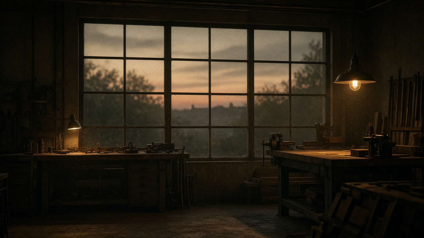 Empty workshop at dusk